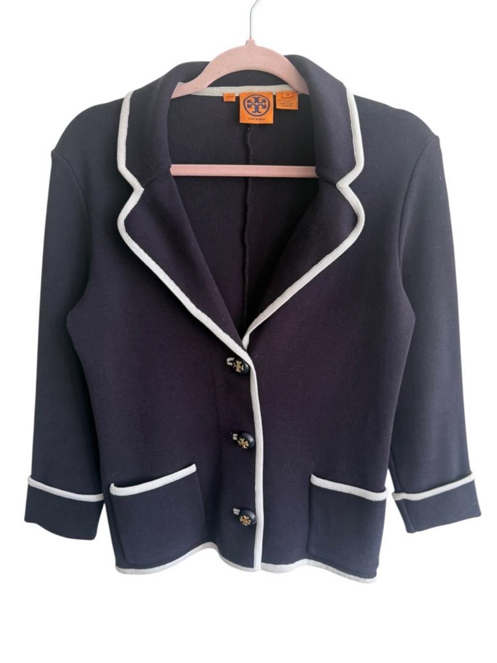 Tory Burch Blazer cotton sweater cardigan knit size medium navy
